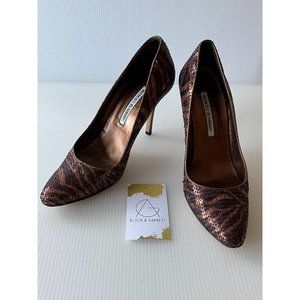 Manolo Blahnik Purple & Bronze Sequin Animal Stripe Heels, Size 39 (IT) 9 (US)
